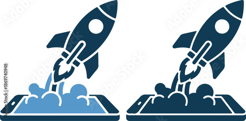 Two rocket ships launching from platforms in contrasting colors