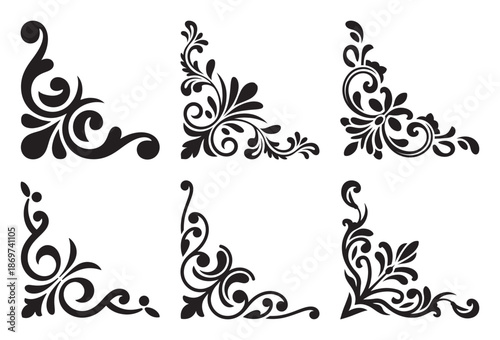 Collection of elegant black corner designs with intricate floral and scroll details for decoration