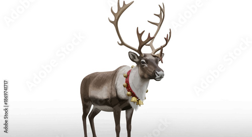 A majestic reindeer with impressive antlers wearing a red and gold christmas collar stands alone on a plain white background for holiday and seasonal concepts