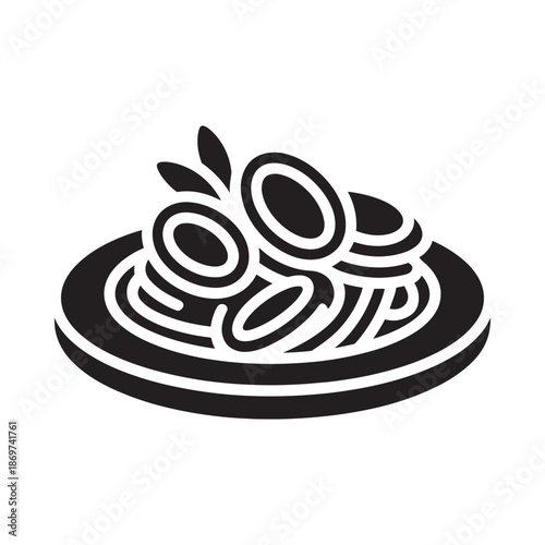 A black and white illustration of olives presented on a round plate