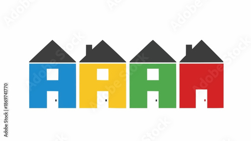 Four colorful cartoon houses in a row on a white background.