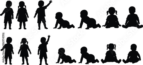 Baby and toddler silhouette collection showing childhood development stages, crawling, sitting, standing, and playful movement poses illustration