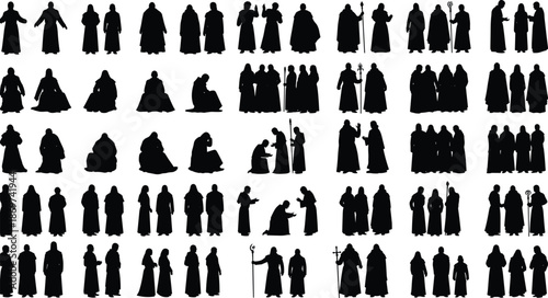 Christian clergy and monk silhouette collection showing religious figures in prayer, worship, leadership, and ceremonial spiritual roles illustration