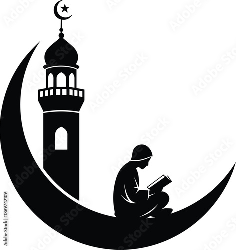 Muslim child reading Quran silhouette inside crescent moon with mosque minaret symbolizing Islamic faith, Ramadan devotion, prayer, and spirituality