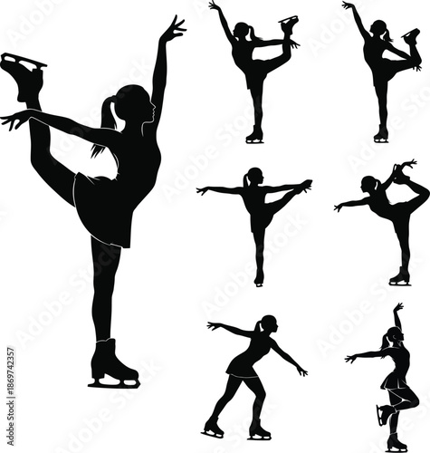 ice skating black silhouette women performing skating poses