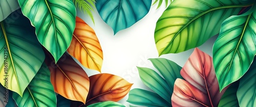 Lush, vibrant green tropical leaves painted in watercolor, showcasing rich textures and delicate details, tropical, watercolor texture
