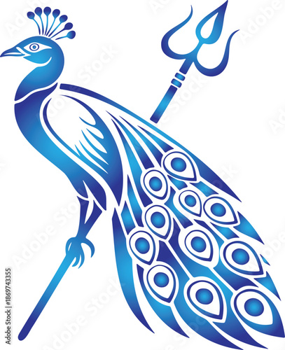 An intricately designed blue peacock with a trident showcasing detailed feather patterns and a regal stance on transparent background high-quality