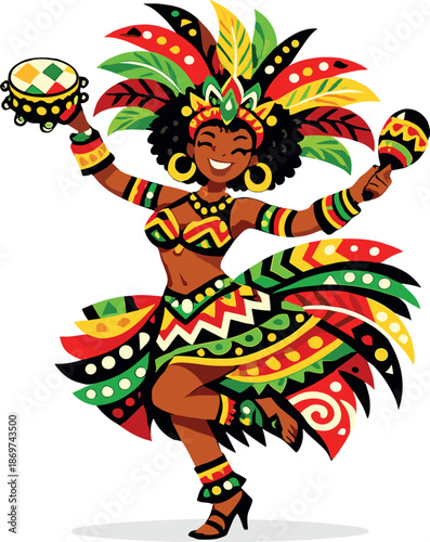 Woman in colorful costume dancing with maracas and tambourine
