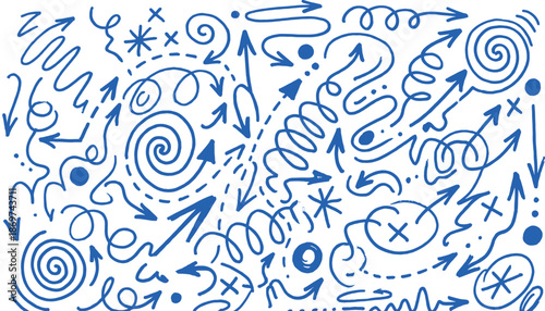 Hand drawn colorful arrow doodle elements, creative sketch pointers, swirls, curved lines, and direction symbols for business design, layout