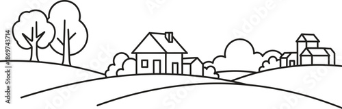 village landscape line art countryside houses and rolling hills