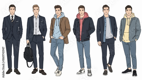 Diverse Male Fashion Styles Illustrated Collection.