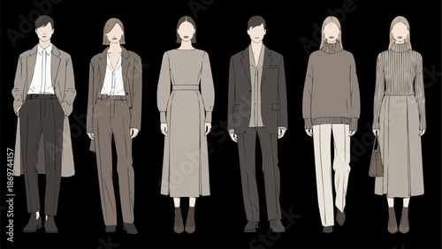 Fashionable people in stylish neutral-colored clothing standing together.