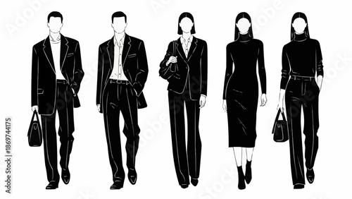 Fashionable people walking in stylish black and white outfits.