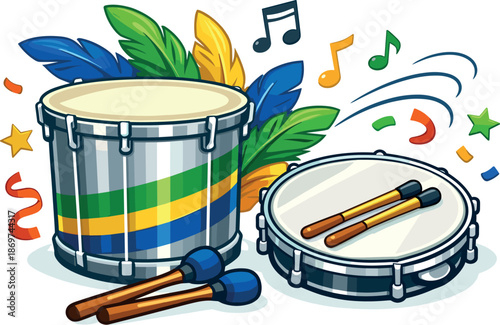 Carnival drums with feathers and musical notes, vector illustration