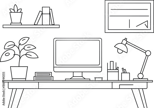 Simple black and white line drawing depicts a functional computer monitor setup on a modern desk.