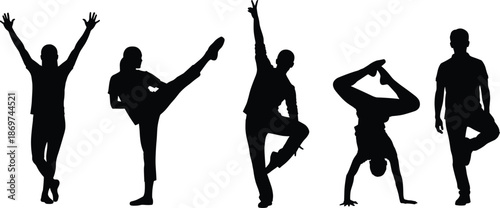 Athletic man and woman silhouette collection featuring dancing, jumping, martial arts kicks, handstands, and yoga poses for extreme sports illustration