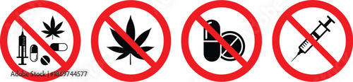 prohibition signs ban symbols for drugs, alcohol, and smoking