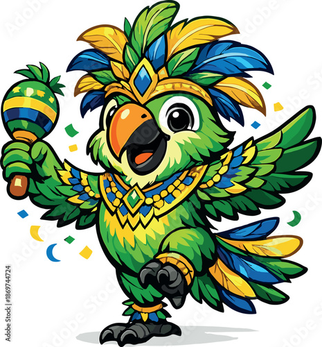 Green parrot mascot celebrating with maraca and confetti