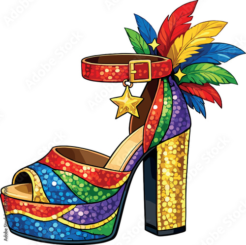 Sparkling platform sandal with rainbow colors and feathers
