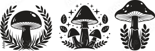 mushrooms black and white illustration set with leaves and stars on a plain background
