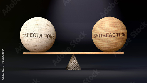 Schilderij op canvas Satisfaction and expectations in balance - balancing stones on a scale symbolizing harmony, equity and equilibrium between expectations and satisfaction