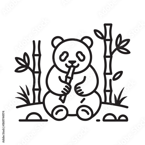 A charming panda sits peacefully enjoying a bamboo shoot in its habitat