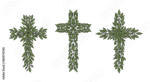 Three Christian crosses creatively formed from green leaves and branches representing life faith and religious hope.