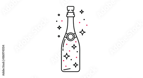 Minimalist line art illustration of a champagne bottle surrounded by sparkling stars and dots for a festive celebration.