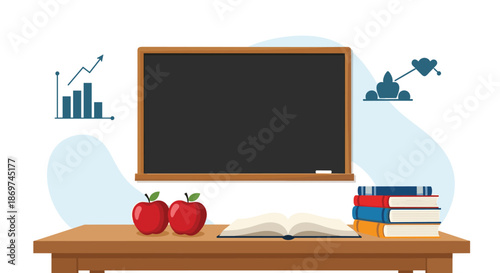 Classroom scene with a blank chalkboard a desk with an open book red apples and a stack of school books on the side.