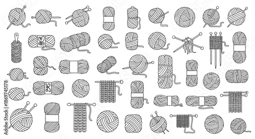 Extensive collection of line drawings depicting various types of yarn balls skeins and knitting accessories in black and white.