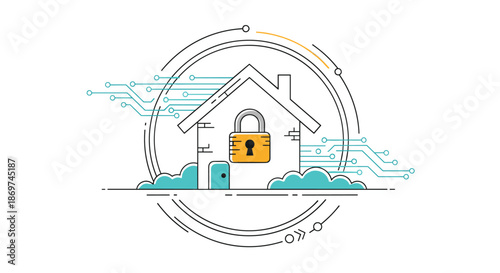 Conceptual illustration for smart home security featuring a house icon with a large orange padlock and digital circuits.
