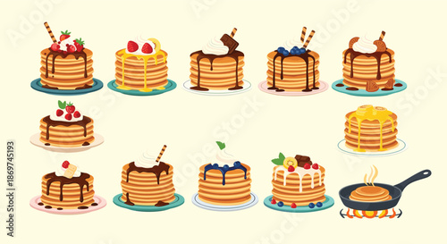 Comprehensive collection of pancake stacks with diverse toppings and a pancake cooking in a frying pan on a stove.