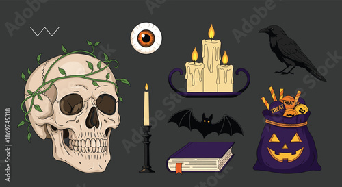 Collection of spooky Halloween illustrations on a dark background featuring a skull candles raven bat and a treat bag.