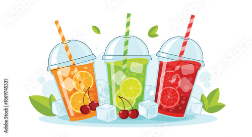 Trio of takeaway cups with refreshing fruit infused drinks including orange lime and berry flavors with straws and ice.