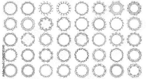 Set of forty-eight different hand-drawn floral and leafy wreath border designs in black and white for wedding invitations and decor.