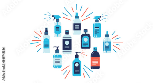Circle of various disinfectant spray and pump bottles in blue and orange shades symbolizing cleanliness and hygiene.