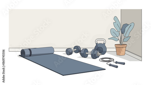 A minimalist illustration of home workout equipment and a potted plant on a floor.