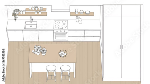 A minimalist kitchen interior with a dining area and modern appliances