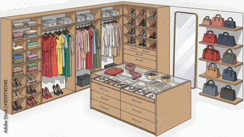A spacious walk-in closet with organized clothing, shoes, handbags, and accessories.