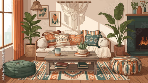 Cozy living room with a white couch, colorful pillows, and plants