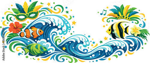 Carnival waves with tropical fish and festive mask