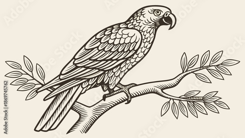 Vibrant parrot perched on tree branch with leaves