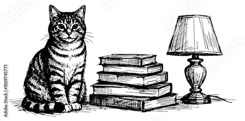 Hand drawn line art illustration of a domestic cat, books, and a table lamp depicting a cozy reading scene for home decor