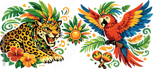 Jaguar and macaw in vibrant Brazilian carnival attire with tropical leaves
