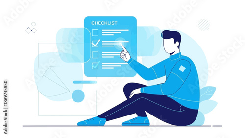 Man checking items on a digital checklist, task management concept, blue flat illustration