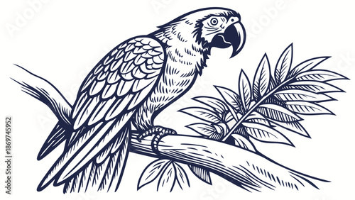 Detailed parrot illustration on tree branch with tropical leaves