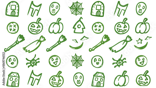 Retro vintage Halloween icons. Doodle sketch drawings in grunge charcoal style for winter holidays party celebration perfect for posters and invitation cards.