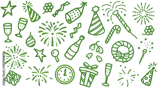 Retro vintage new year icons. Doodle sketch drawings in grunge charcoal style for winter holidays party celebration perfect for posters and invitation cards.