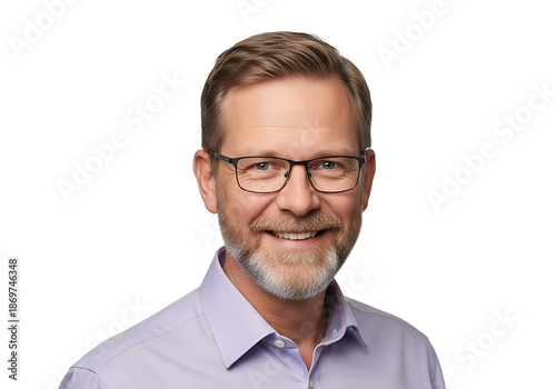 Smiling Mature Businessman Wearing Glasses Poses Against White Background
