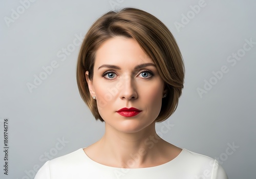 Confident Business Woman Portrait with Intense Blue Eyes and Red Lips